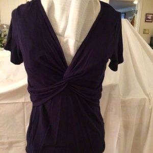 Deep indigo cross bust short sleeve knit top, size medium